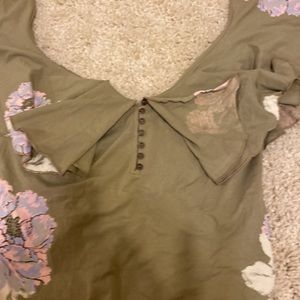 Free people olive green thong body suit, pink blue flowers. Backless.